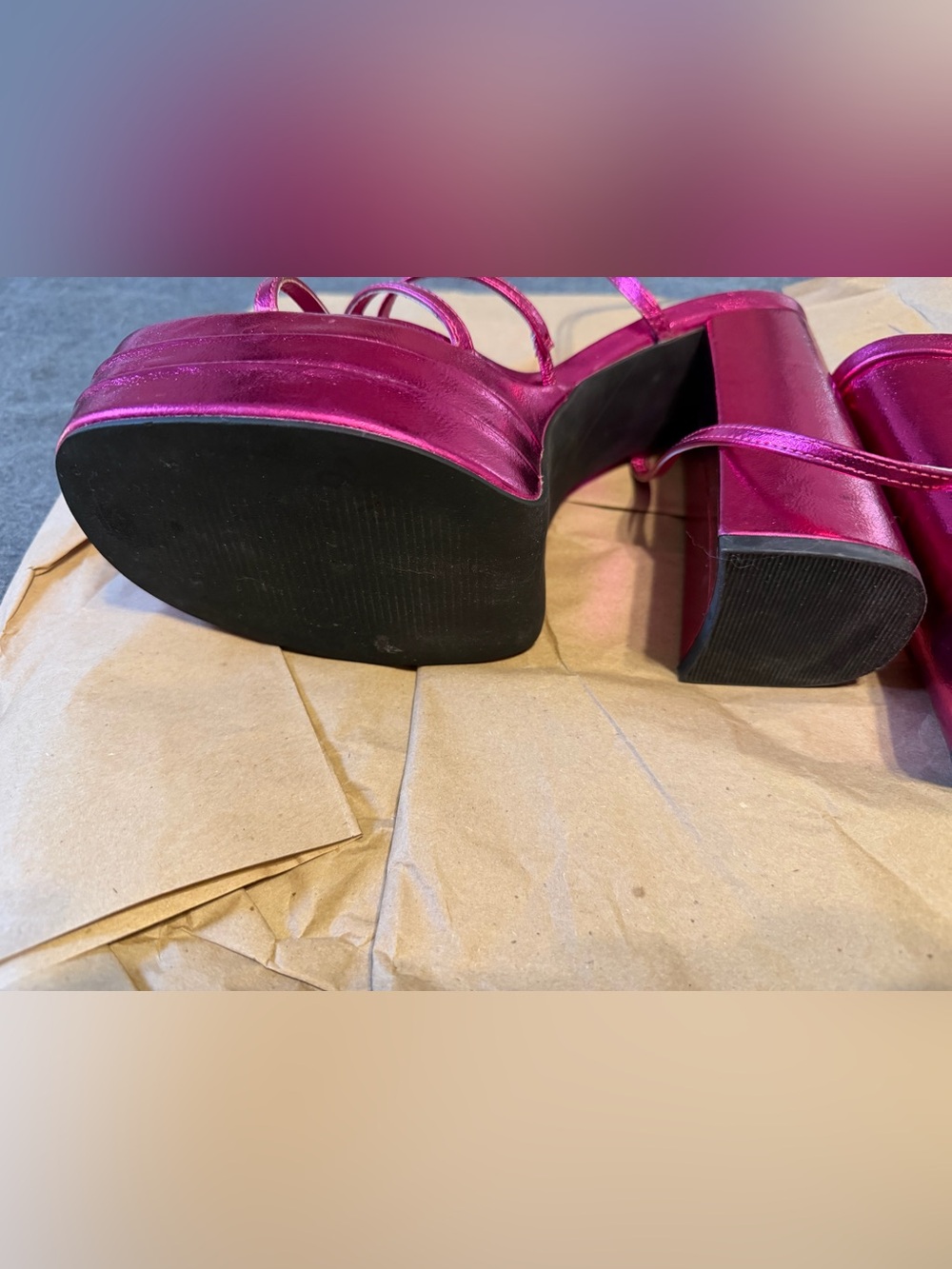 Azalea Wang Metallic Hot Pink Platform Strappy Heels with Wrap Ankle Ties - Picture 5 of 9